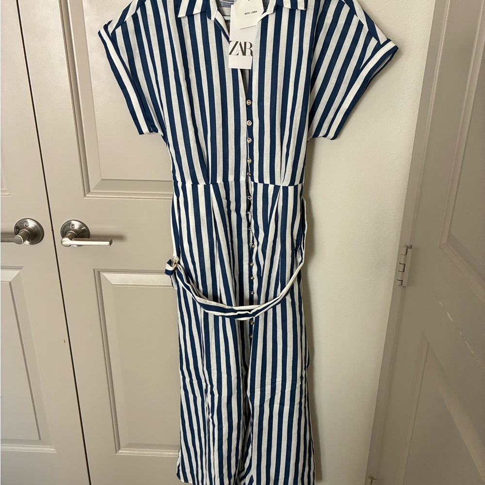 Zara Navy and White Striped Linen Dress